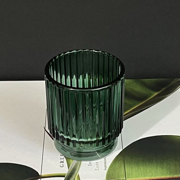 Ribbed Glass Votive Candle Holder Emerald Green Round Holiday Wedding Decor - Picture 14 of 17